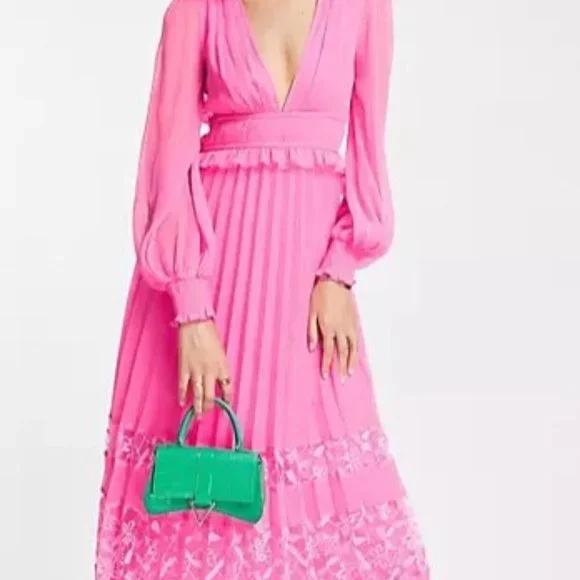 ASOS | Dresses | Asos Design Exclusive Plunge Pleated Midi Dress With Lace  Insert Hem In Hot | Poshmark